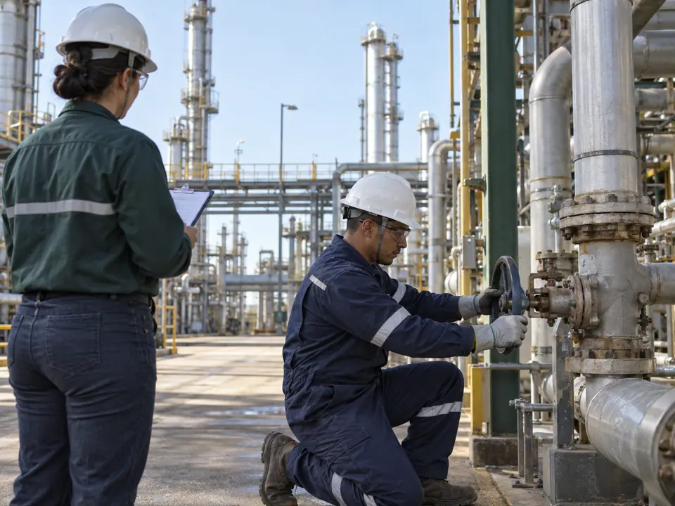 Técnico de manutenção ajusta uma válvula na área de processo de uma indústria química, observado por uma ergonomista com prancheta